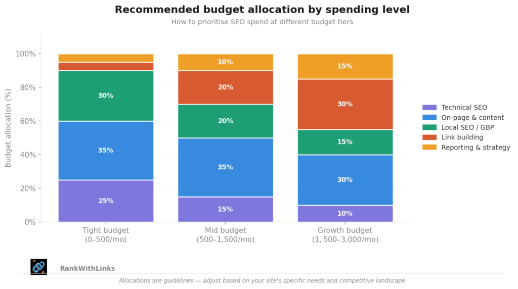 shows how to split spend across Technical, Content, Local SEO, Link building, and Strategy at three different budget levels
