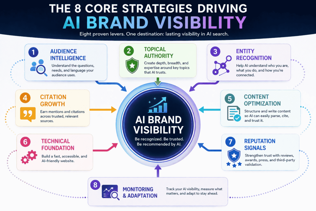 A visual flowchart showing the 8 core strategies connecting to "AI Brand Visibility" at the center. Place at the start of the strategy section.