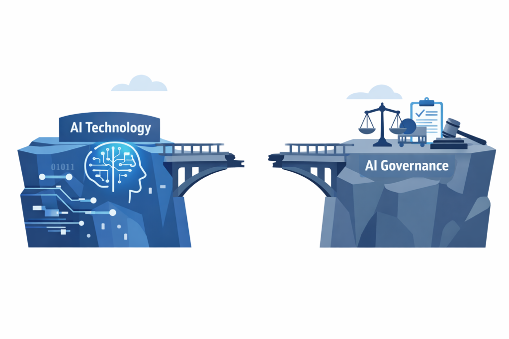 Conceptual illustration showing the gap between AI technology and AI
governance, represented as a partially built bridge between two cliffs,
symbolizing why AI transformation is a problem of governance.