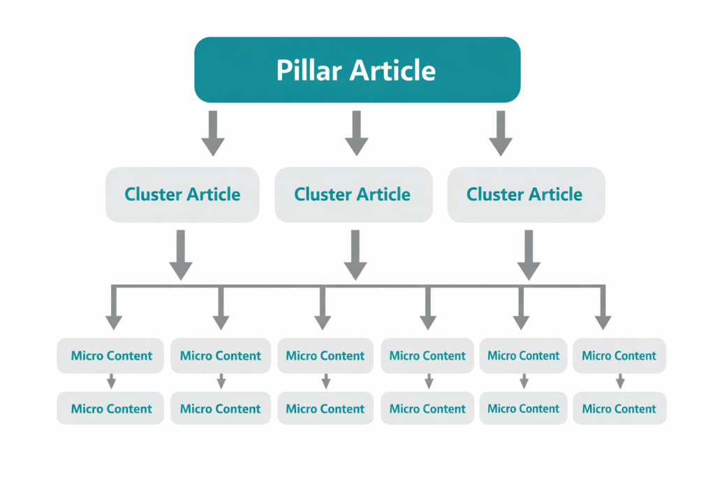 Three-layer content strategy diagram showing pillar article, cluster articles, and micro-content structure for the multiple stories method