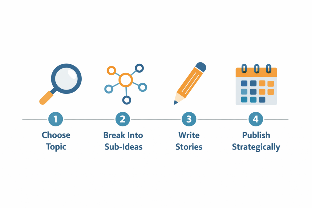 Four-step guide infographic for the your topics multiple stories content strategy — choose topic, break into sub-ideas, write stories, publish strategically