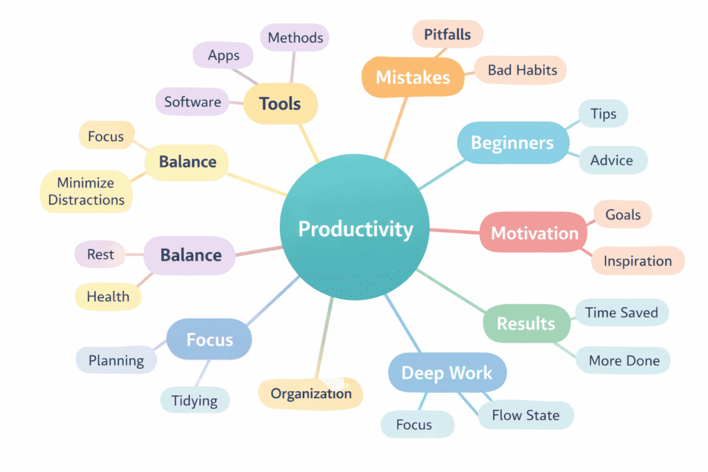 Mind map showing how the topic productivity expands into dozens of content story ideas using the multiple stories strategy