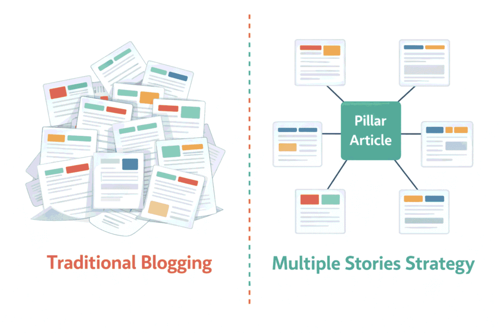Side-by-side comparison of traditional random blogging versus the organized multiple stories content cluster strategy