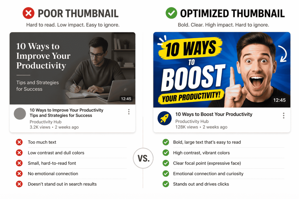 Side by side comparison of a poorly designed YouTube thumbnail versus an optimized YouTube thumbnail with bold text and expressive face