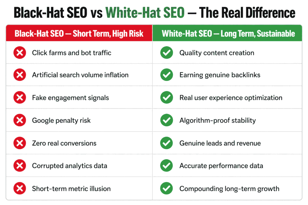 Comparison table contrasting black-hat SEO tactics like click farms 
and bot traffic against white-hat SEO strategies including content 
quality, legitimate link building, and technical optimization — 
showing why ethical SEO produces sustainable long-term rankings