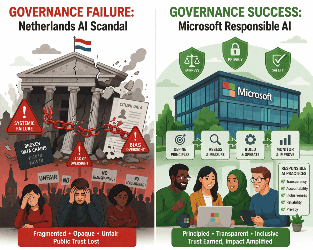 A split-screen conceptual illustration. Left side shows a red-toned
scene of a collapsing government building with warning signs, broken
data chains, and distressed people — labeled "Governance Failure:
Netherlands AI Scandal". Right side shows a clean green-toned scene
of a stable tech company with organized workflows, shield icons, and
happy diverse employees — labeled "Governance Success: Microsoft
Responsible AI". Flat infographic style, bold contrast, white
background, business editorial design.