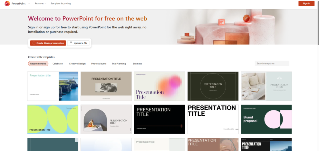 Microsoft PowerPoint homepage