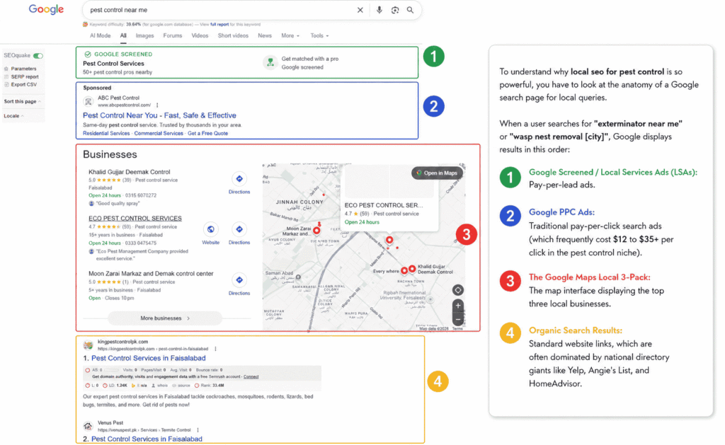 Annotated Google search results page for “pest control near me” showing the structure of local SEO results, including Google Screened ads, PPC ads, the Google Maps Local 3-Pack, and organic search listings, alongside an educational panel explaining how local pest control businesses appear in Google search results.