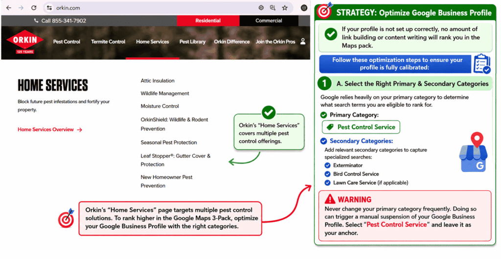 Marketing infographic showing Orkin’s Home Services webpage next to a Google Business Profile optimization strategy panel explaining how pest control companies should choose the correct primary and secondary Google Business categories to improve local map rankings and avoid profile suspensi
