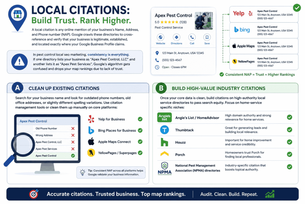 Educational local SEO infographic explaining how consistent business citations improve Google Maps rankings for pest control companies, featuring examples of NAP consistency across Yelp, Bing, Apple Maps, and YellowPages, plus guidance on cleaning outdated citations and building industry citations through platforms like Angi, Thumbtack, Houzz, Porch, and NPMA directories.