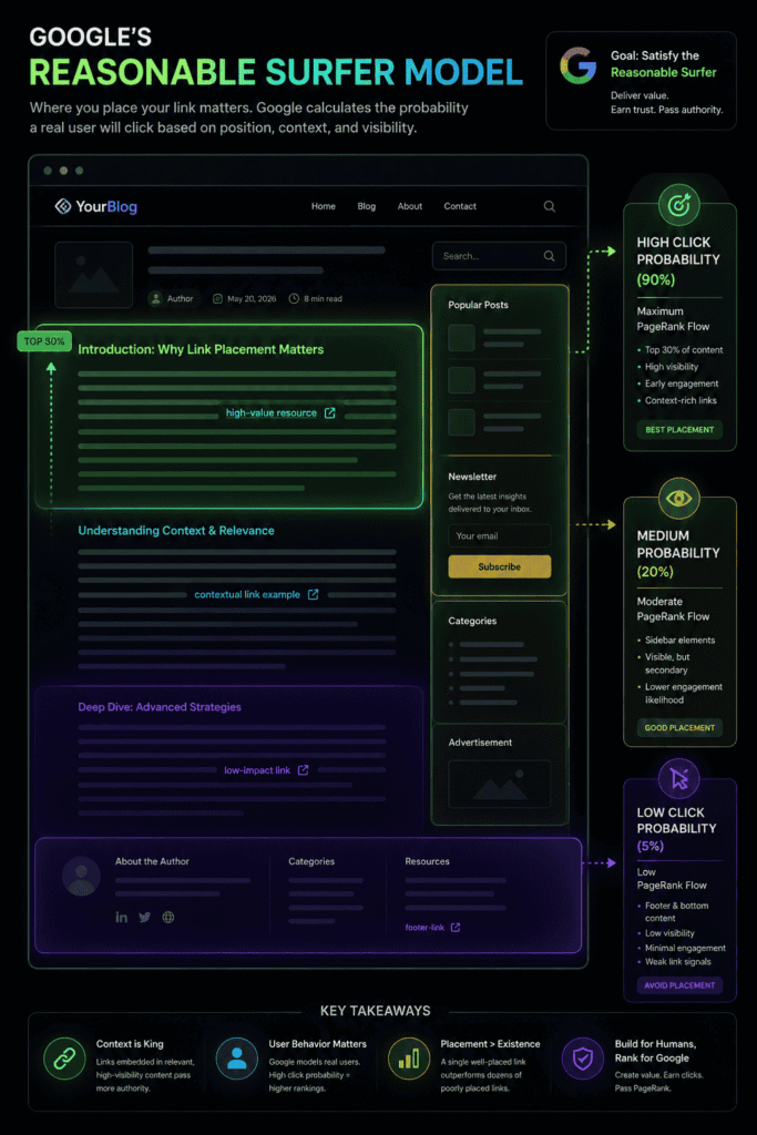Reasonable Surfer Model PageRank click probability heatmap diagram for link building positioning