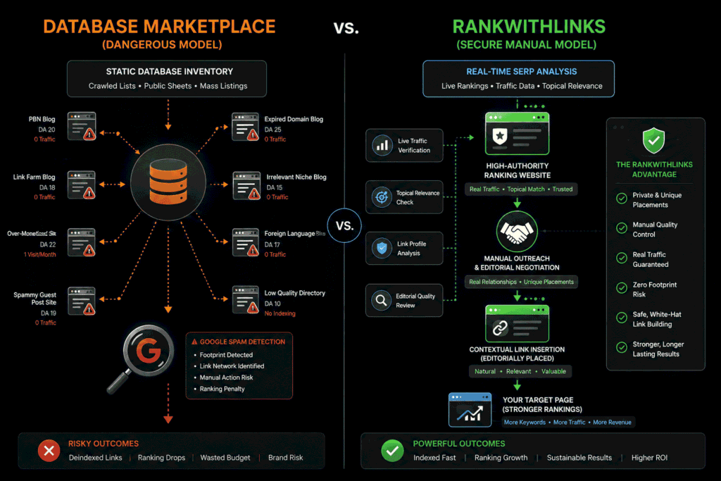 Flowchart comparing dangerous database guest post networks with secure manual SEO outreach