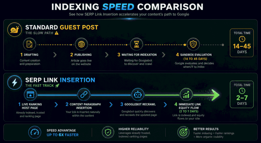 Comparison timeline showing rapid indexation of SERP link insertion vs slow crawl speed of new guest posts