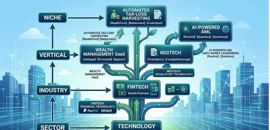 A technology vertical tree showing sector → industry → vertical → niche with real company examples at each level