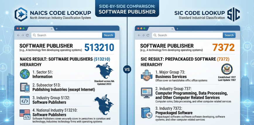 Side-by-side comparison of a NAICS code lookup result vs an SIC code lookup for the same company type