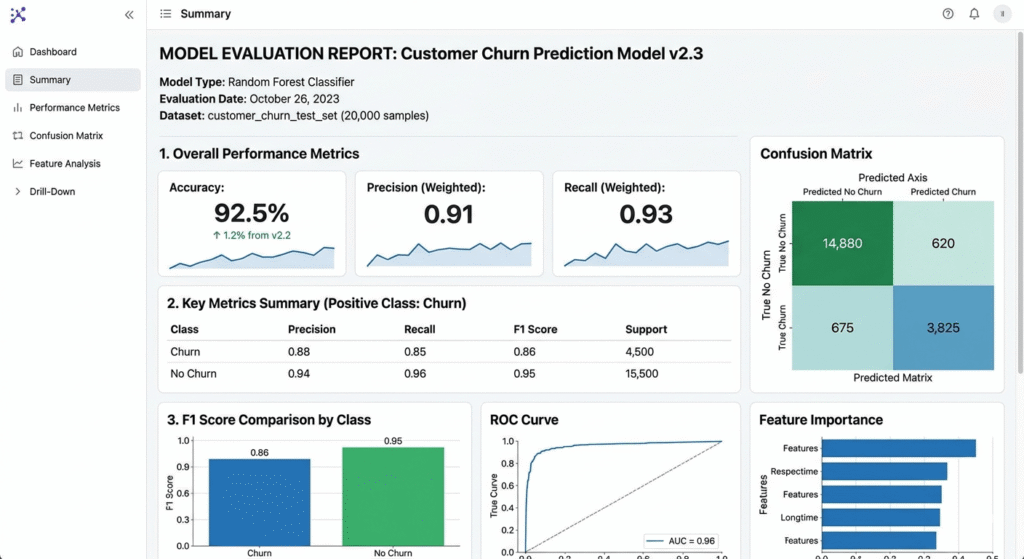 A sample model evaluation report showing accuracy metrics — precision, recall, F1 score]