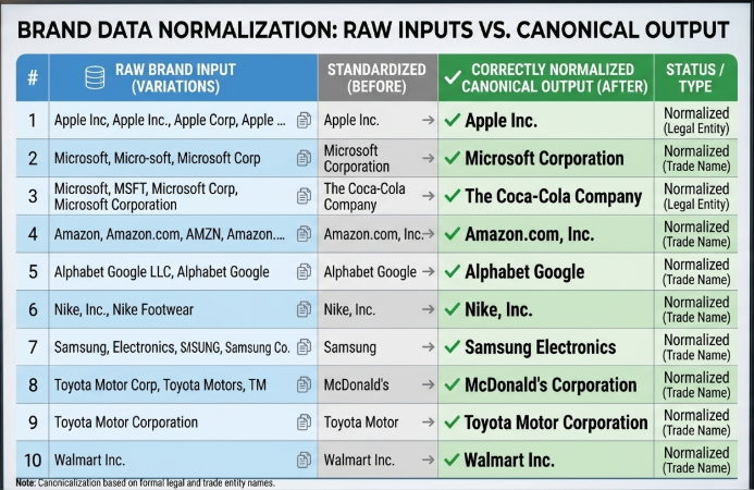 A color-coded before/after table in a spreadsheet or database interface showing raw vs normalized brand names