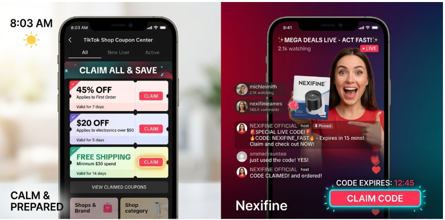 TikTok LIVE stream screen showing a seller displaying a discount code in the comments section