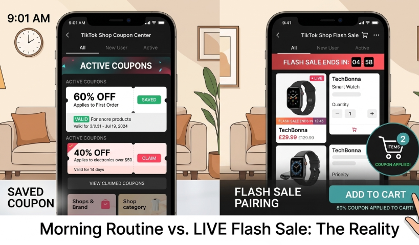TikTok Shop flash sale section showing countdown timers and discount percentages on products