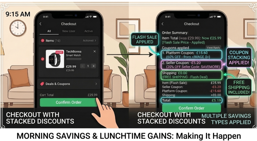 Checkout screen showing multiple discount types applied — flash sale price plus coupon plus free shipping