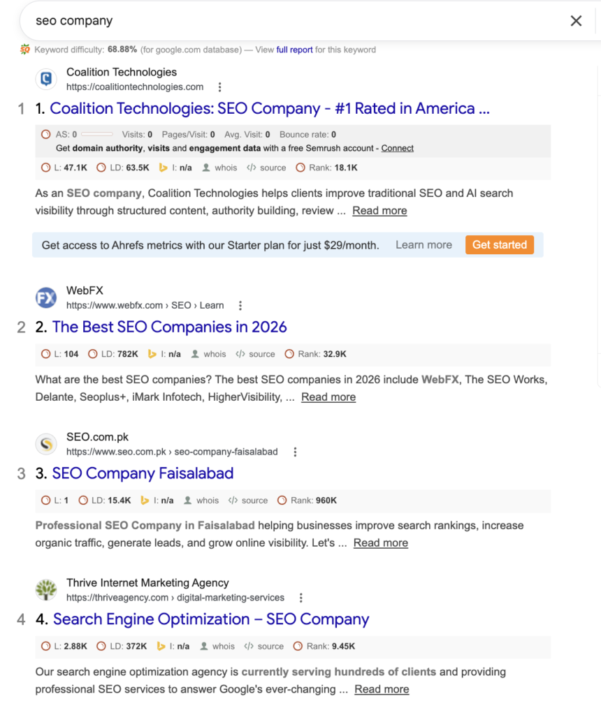 Google search results for seo company keyword