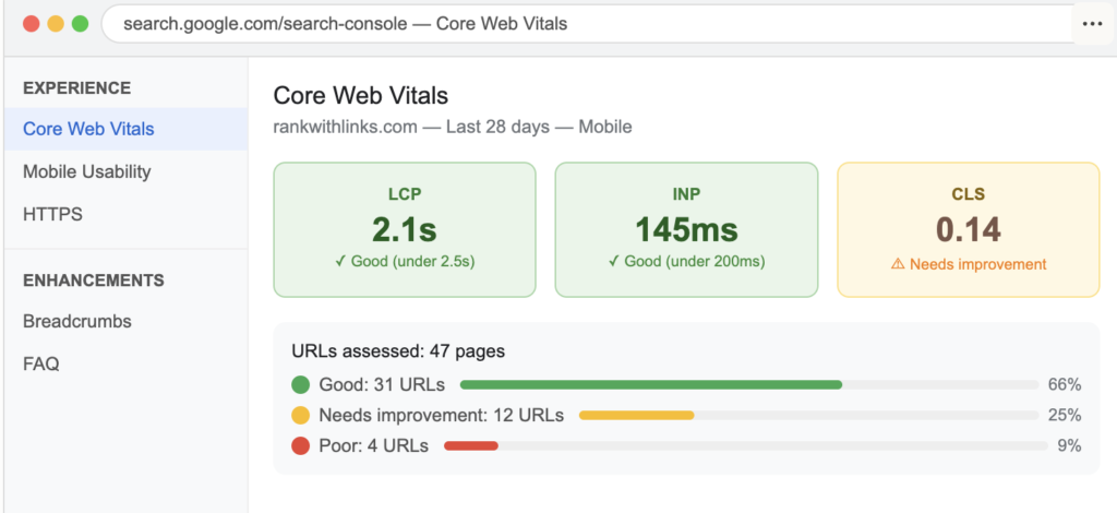 Google Search Console Core Web Vitals report