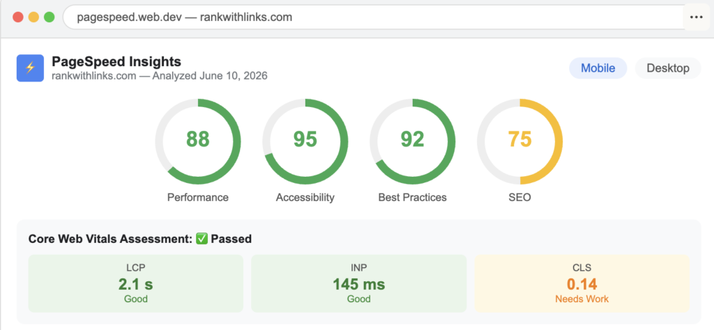 oogle PageSpeed Insights showing performance score and Core Web Vitals assessment —