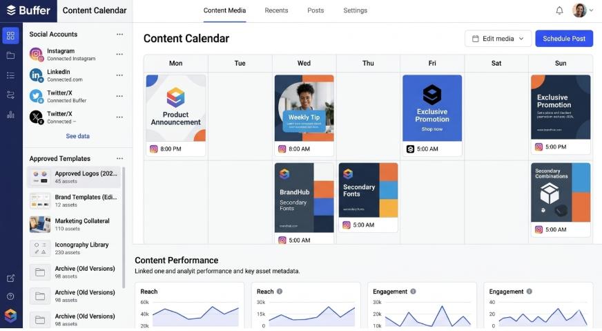  A social media content calendar in Buffer or Later showing scheduled posts with consistent visual branding   image bna do