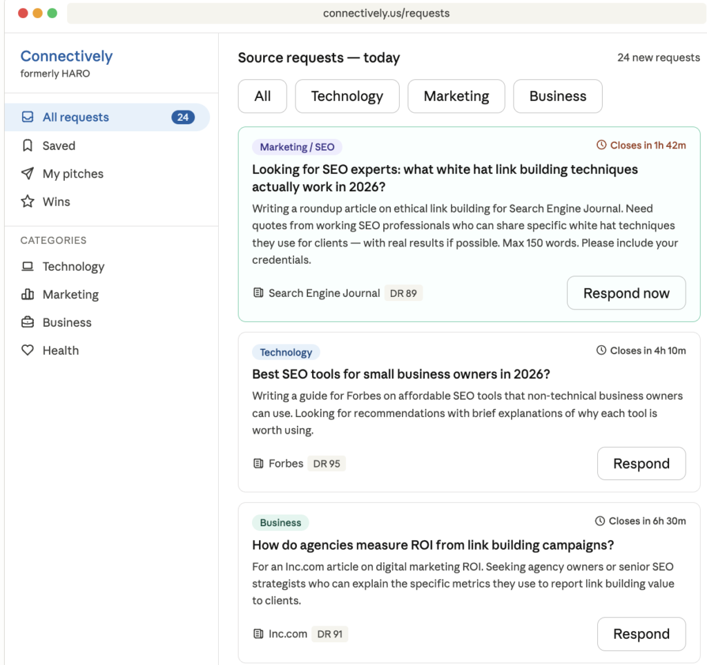 haro connectively journalist outreach requests for white hat backlinks