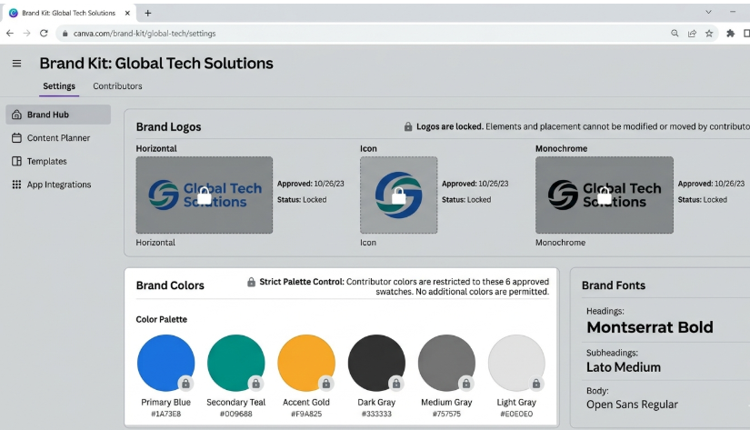 Canva for Teams brand kit showing locked logo placement and approved color palette that contributors cannot override