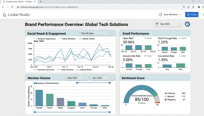 A Google Looker Studio dashboard showing brand KPIs — social reach, email performance, mention volume, and sentiment score in one view   image bna do