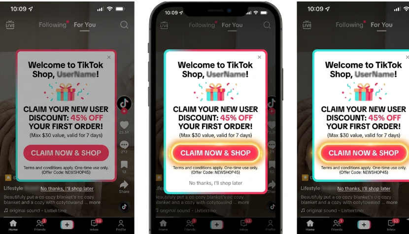 TikTok app showing the new user welcome popup with the discount code claim button highlighted