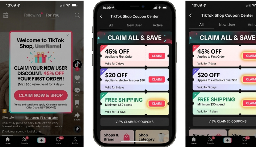TikTok Shop Coupon Center screen showing available coupons with Claim buttons visible