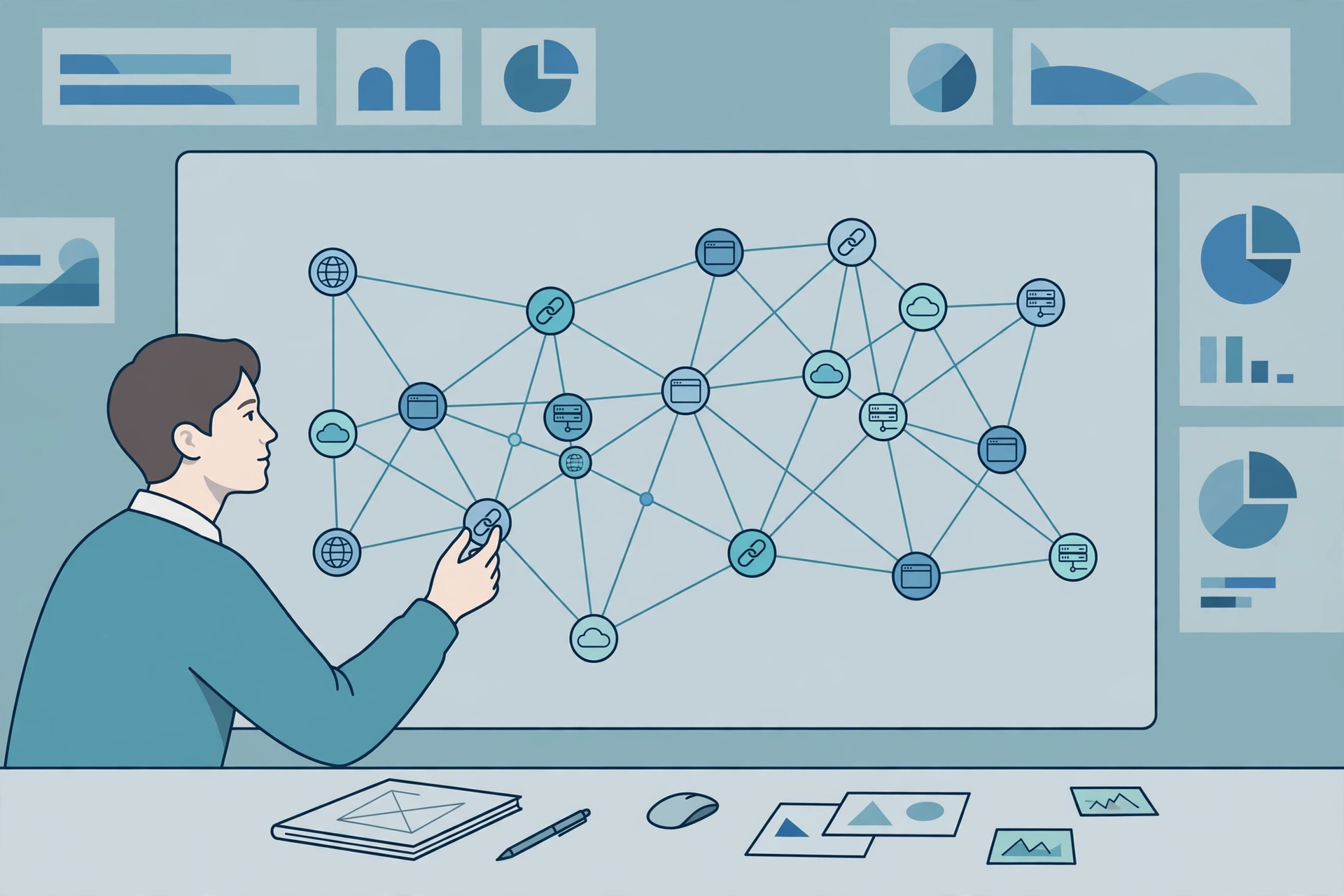 How to manage your backlinks: person organizing a backlink network of connected website nodes