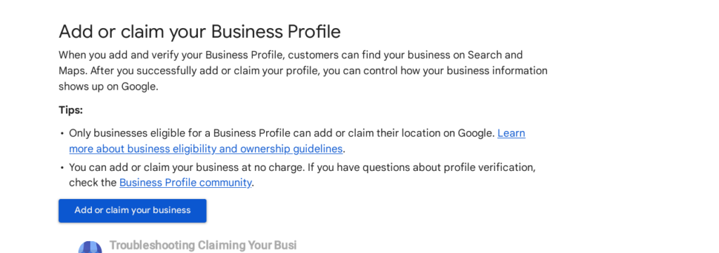 Google Business Profile help page for creating a dental clinic profile
