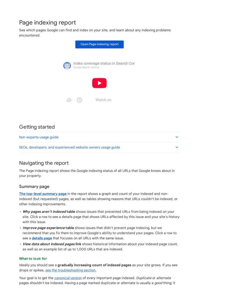 Google Search Console Page indexing report help page for fixing crawl errors on a small WordPress website