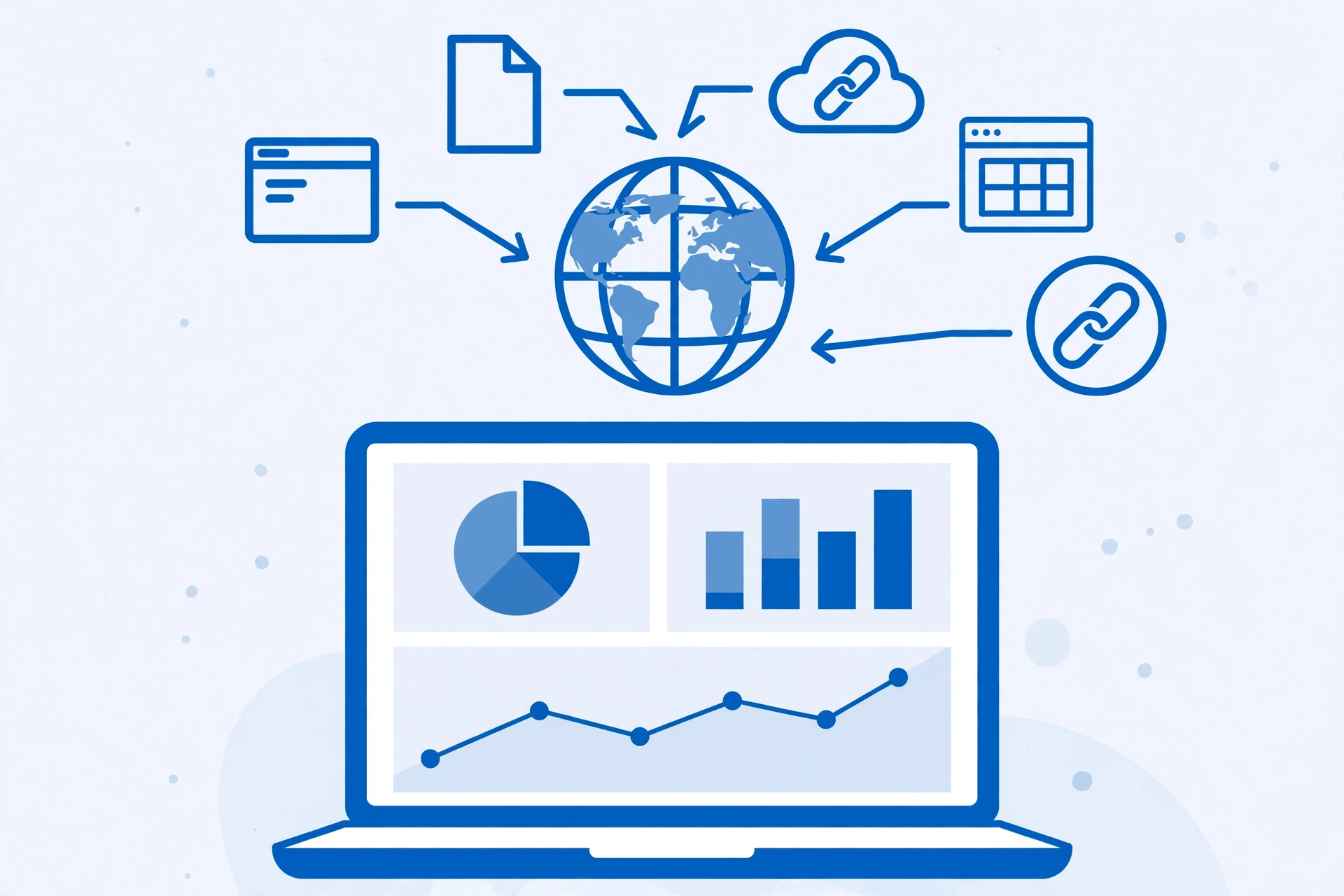 Illustration of a laptop showing analytics charts with a globe, representing how to check if a website has backlinks