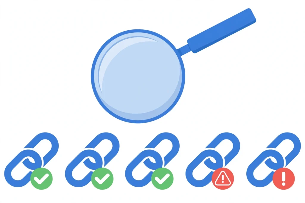 Magnifying glass examining chain links, illustrating how to check backlinks for a website