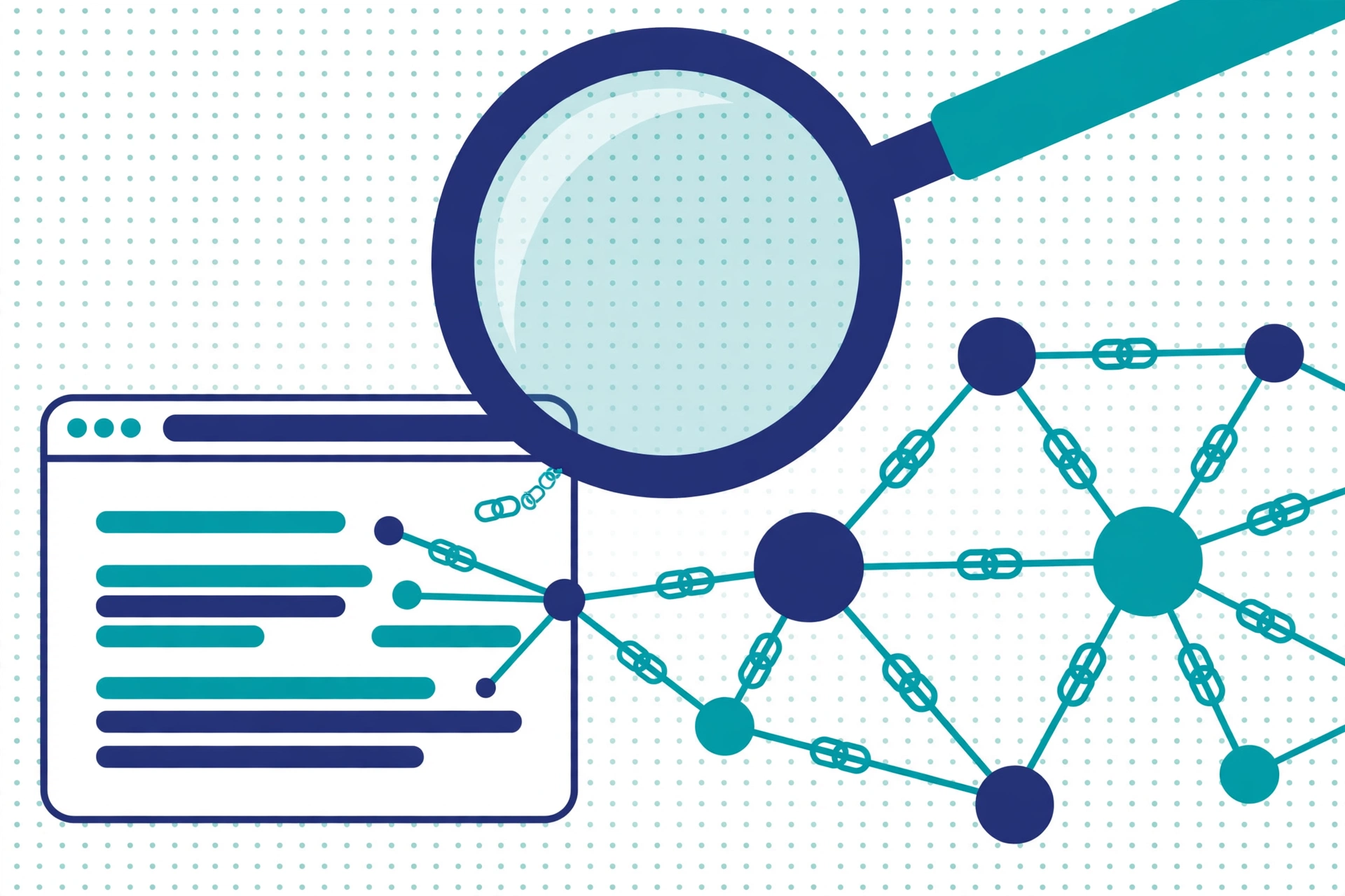How to search for backlinks — magnifying glass over website link network