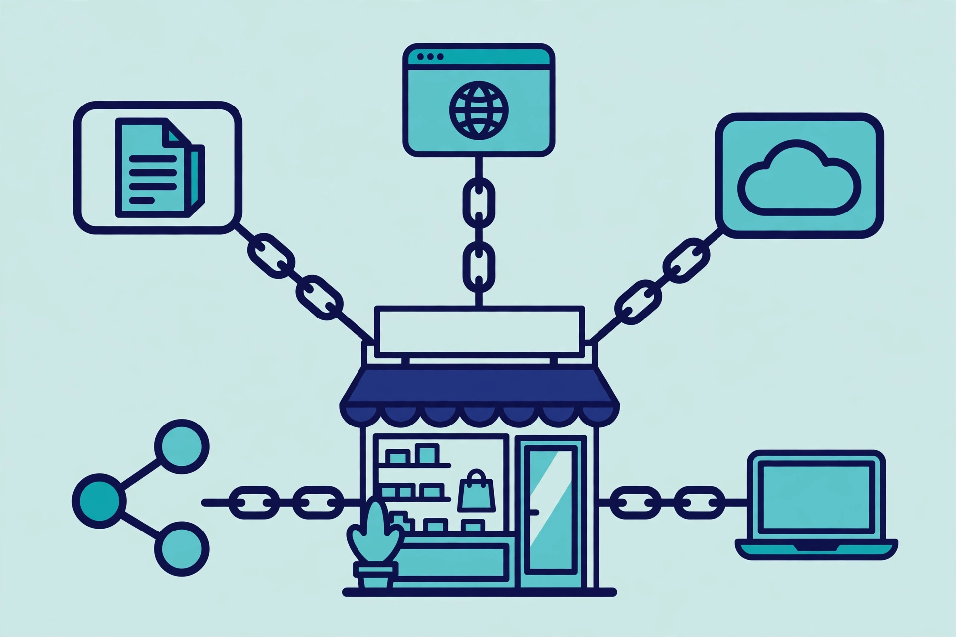 Illustration of a new Shopify store connected by links to other websites, showing how to get backlinks for a new Shopify store without guest posting