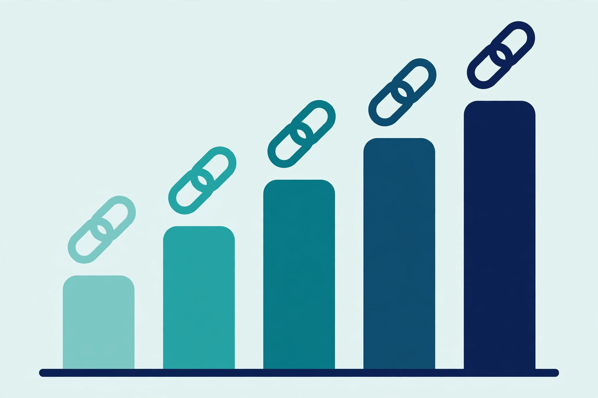Rising chart with link symbols showing a new Shopify store growing through backlinks