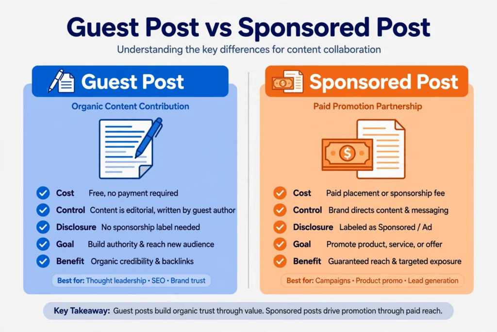 Comparison of a guest post versus a sponsored post showing paid versus unpaid content