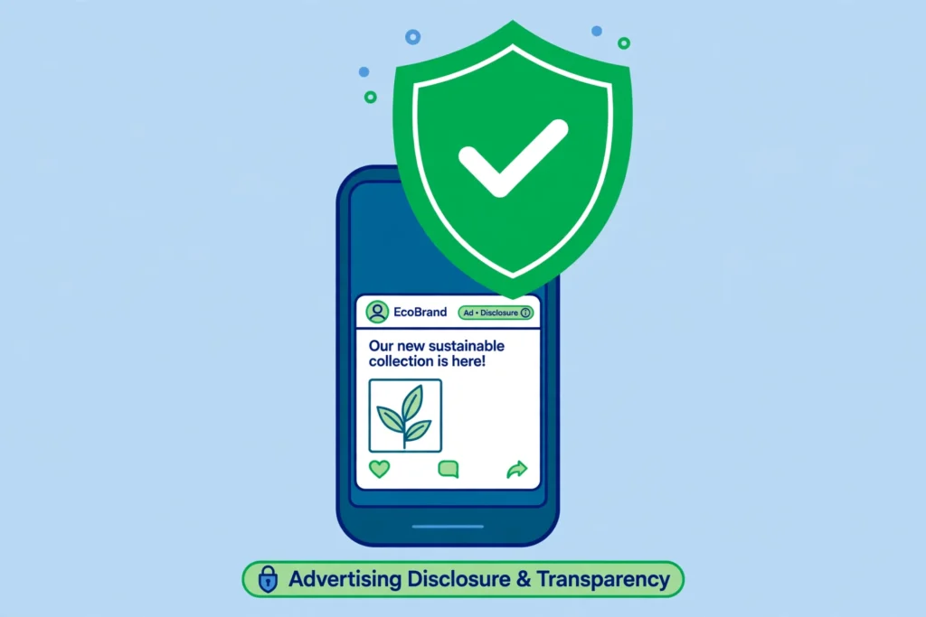 Shield with checkmark on a mobile phone representing FTC advertising disclosure rules for sponsored posts