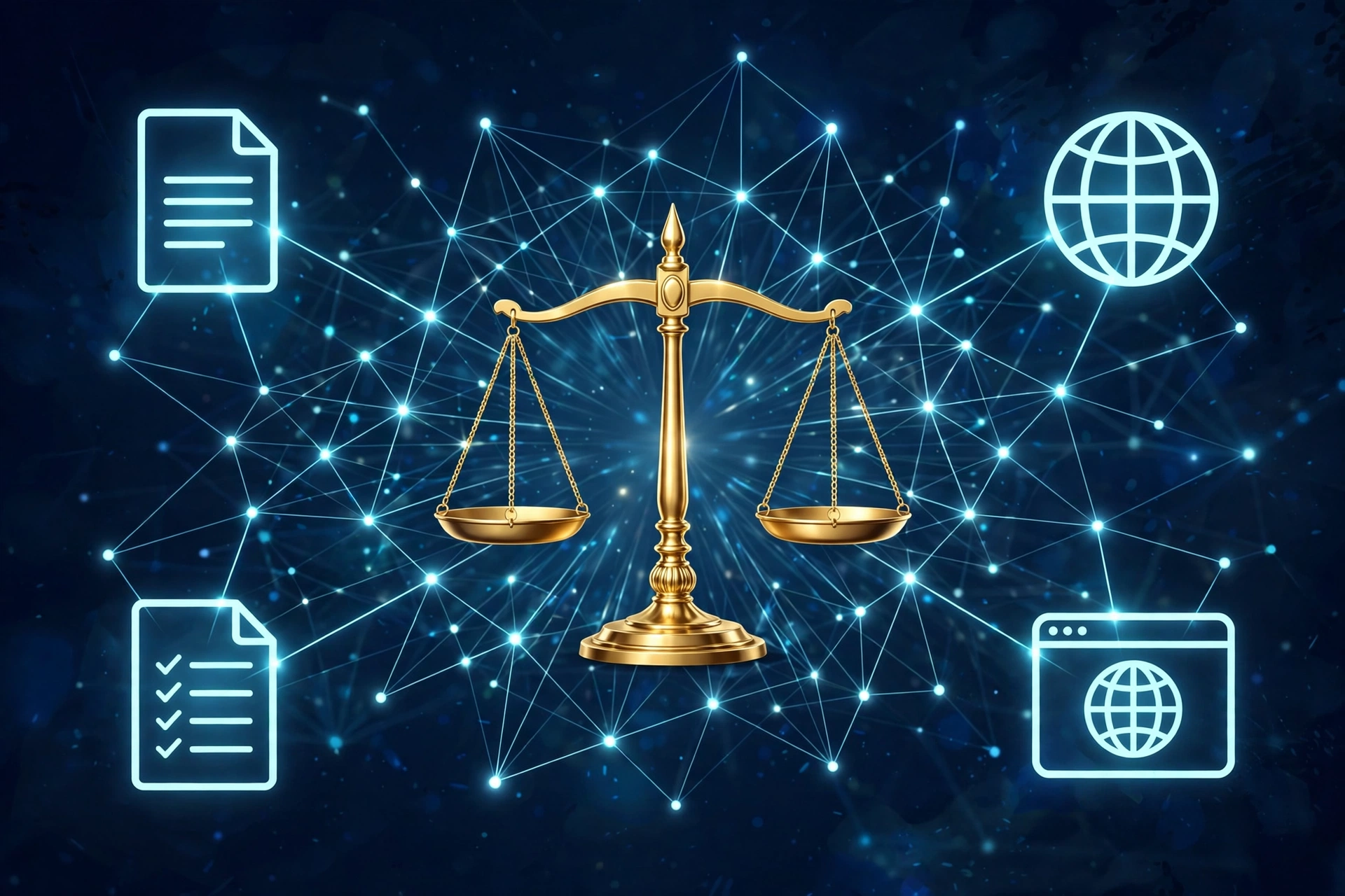 Golden scales of justice with a glowing network of backlinks, illustrating link building for law firms