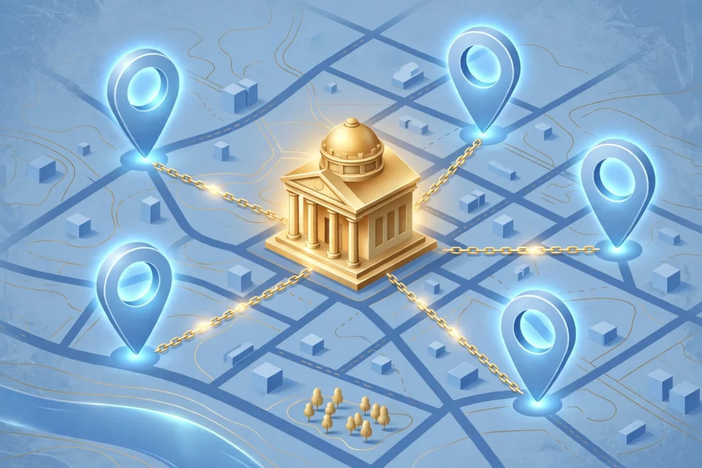 City map showing local links connecting a law firm building to location pins, representing local link building for law firms
