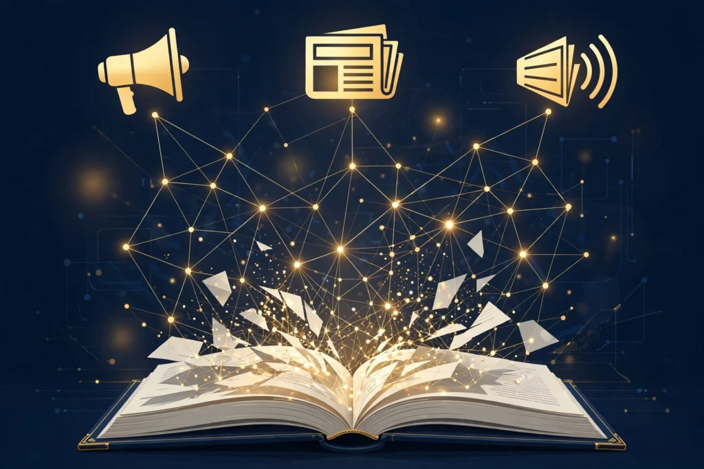 Open law book releasing network links to press icons, representing digital PR link building for law firms