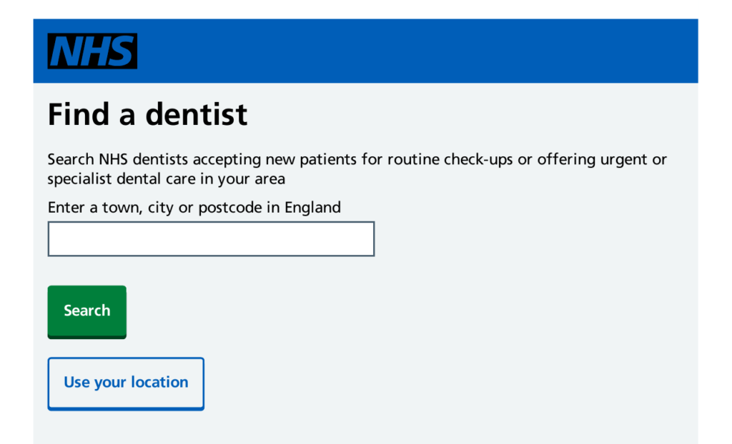 NHS Find a dentist page for finding local dental practices
