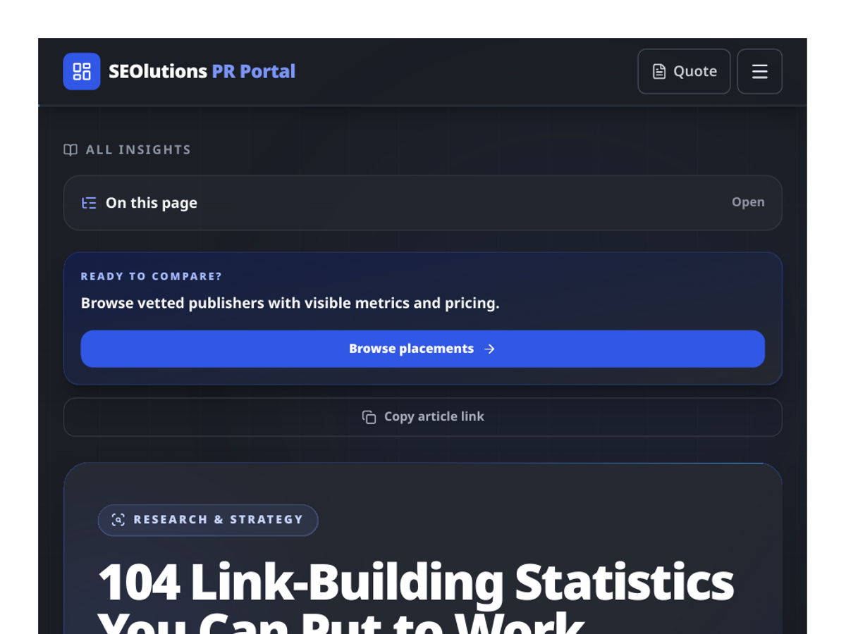 Screenshot of SEOlutions PR Portal's 104 Link-Building Statistics page
