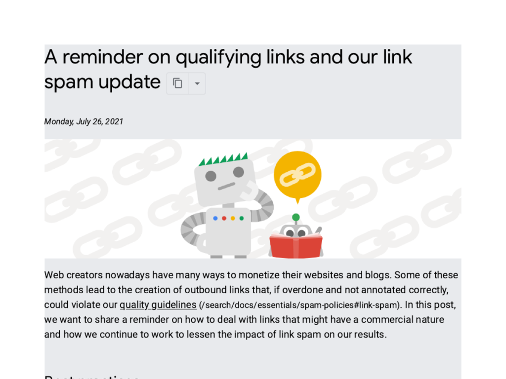Screenshot of Google's July 2021 link spam update blog post