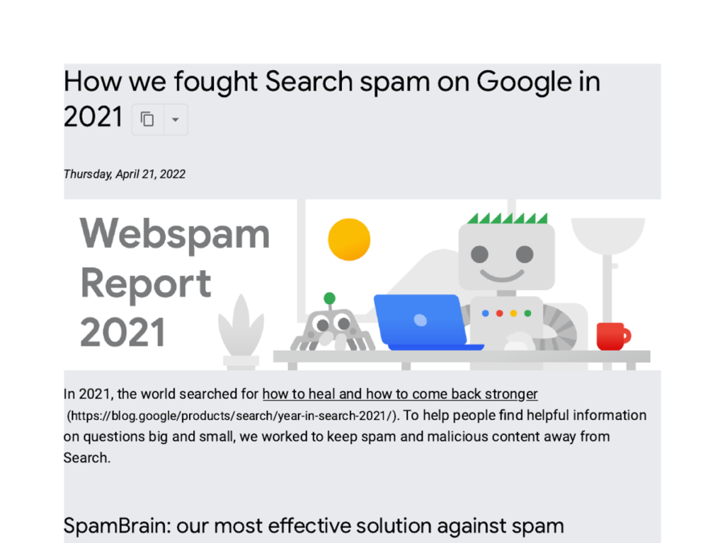 Screenshot of Google's Webspam Report 2021 blog post